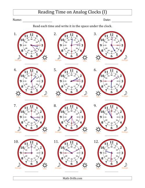 The Reading 24 Hour Time on Analog Clocks in 15 Second Intervals (12 Clocks) (I) Math Worksheet