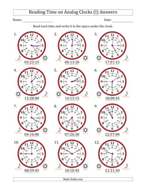 The Reading 24 Hour Time on Analog Clocks in 15 Second Intervals (12 Clocks) (I) Math Worksheet Page 2