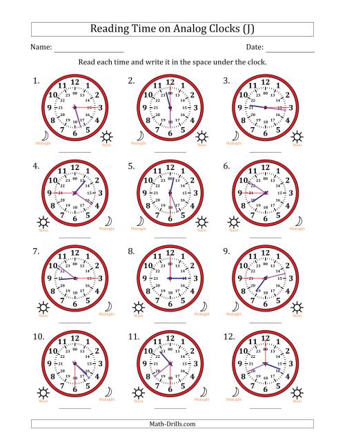 The Reading 24 Hour Time on Analog Clocks in 15 Second Intervals (12 Clocks) (J) Math Worksheet