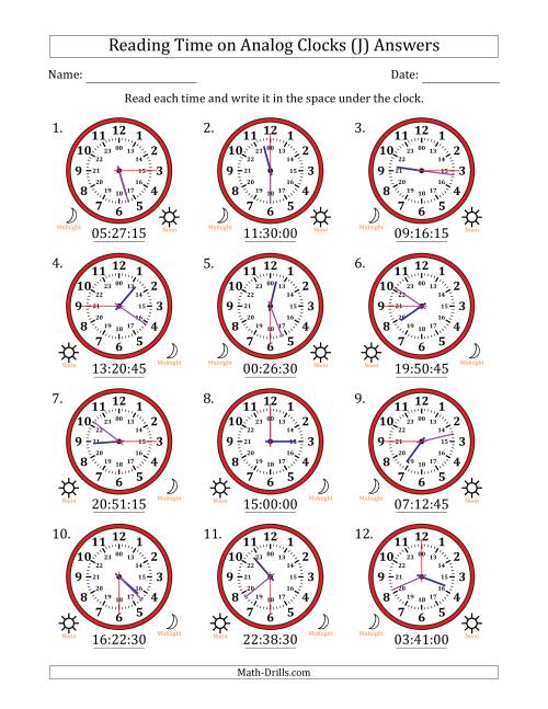 The Reading 24 Hour Time on Analog Clocks in 15 Second Intervals (12 Clocks) (J) Math Worksheet Page 2