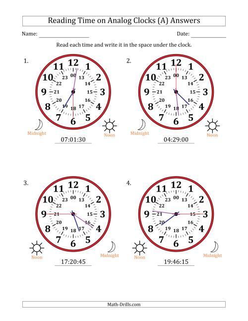 The Reading 24 Hour Time on Analog Clocks in 15 Second Intervals (4 Large Clocks) (A) Math Worksheet Page 2