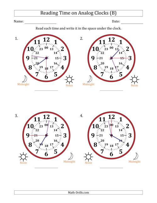 The Reading 24 Hour Time on Analog Clocks in 15 Second Intervals (4 Large Clocks) (B) Math Worksheet
