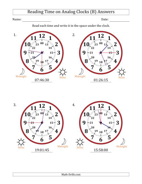 The Reading 24 Hour Time on Analog Clocks in 15 Second Intervals (4 Large Clocks) (B) Math Worksheet Page 2