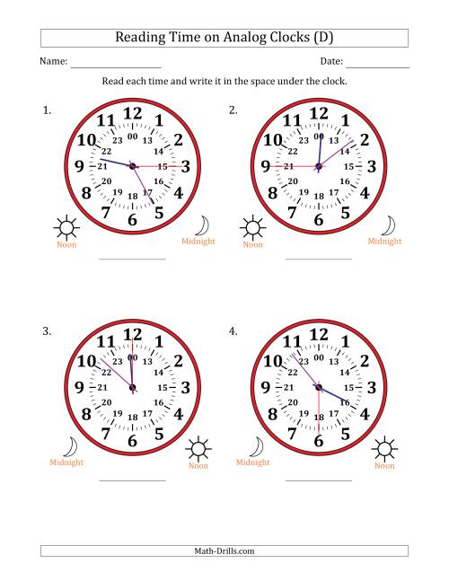 The Reading 24 Hour Time on Analog Clocks in 15 Second Intervals (4 Large Clocks) (D) Math Worksheet