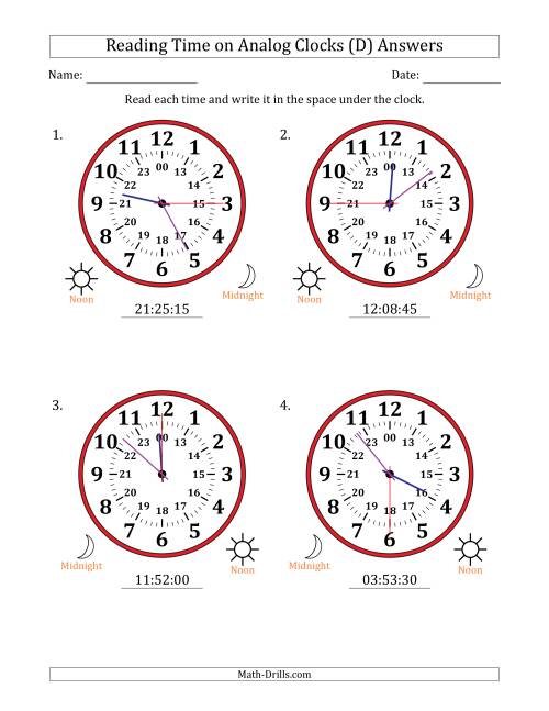 The Reading 24 Hour Time on Analog Clocks in 15 Second Intervals (4 Large Clocks) (D) Math Worksheet Page 2