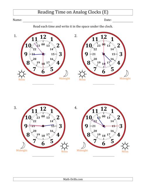The Reading 24 Hour Time on Analog Clocks in 15 Second Intervals (4 Large Clocks) (E) Math Worksheet