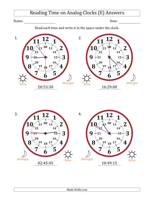 The Reading 24 Hour Time on Analog Clocks in 15 Second Intervals (4 Large Clocks) (E) Math Worksheet Page 2