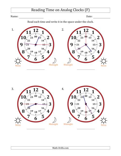 The Reading 24 Hour Time on Analog Clocks in 15 Second Intervals (4 Large Clocks) (F) Math Worksheet