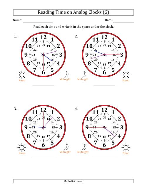 The Reading 24 Hour Time on Analog Clocks in 15 Second Intervals (4 Large Clocks) (G) Math Worksheet