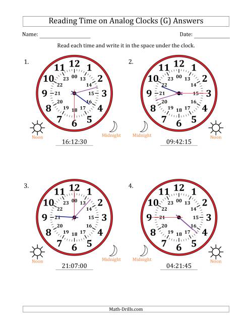 The Reading 24 Hour Time on Analog Clocks in 15 Second Intervals (4 Large Clocks) (G) Math Worksheet Page 2