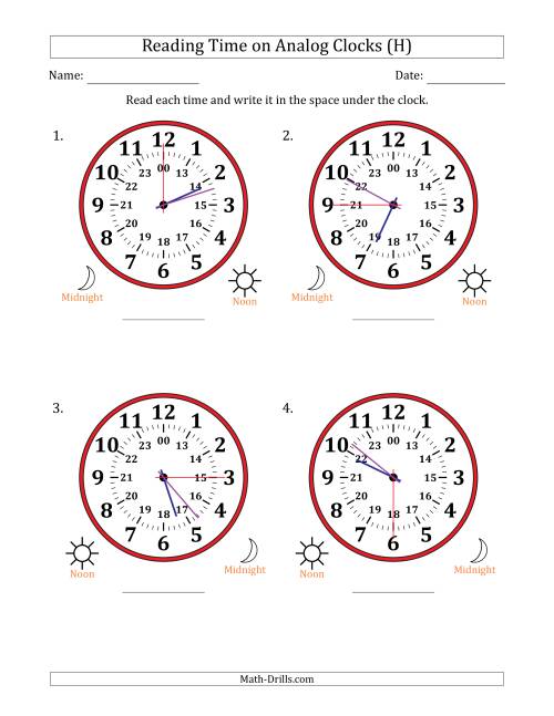 The Reading 24 Hour Time on Analog Clocks in 15 Second Intervals (4 Large Clocks) (H) Math Worksheet