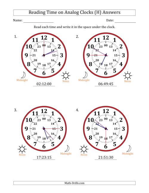 The Reading 24 Hour Time on Analog Clocks in 15 Second Intervals (4 Large Clocks) (H) Math Worksheet Page 2
