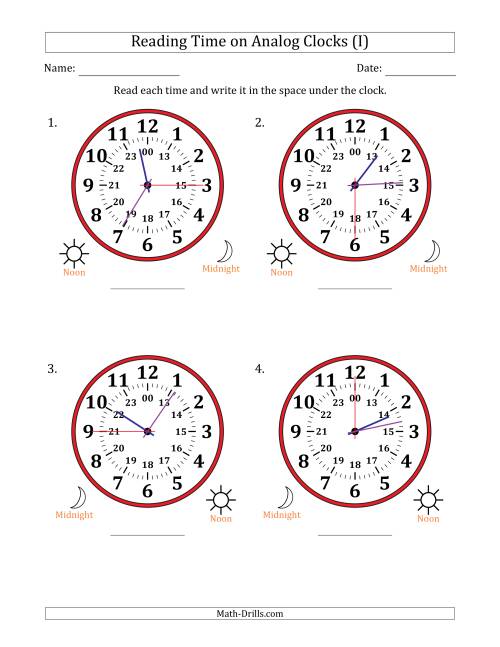 The Reading 24 Hour Time on Analog Clocks in 15 Second Intervals (4 Large Clocks) (I) Math Worksheet