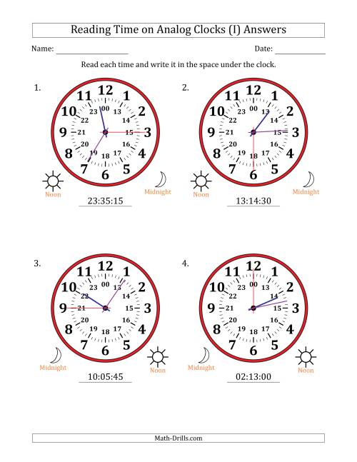 The Reading 24 Hour Time on Analog Clocks in 15 Second Intervals (4 Large Clocks) (I) Math Worksheet Page 2