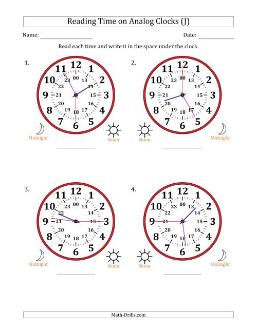 The Reading 24 Hour Time on Analog Clocks in 15 Second Intervals (4 Large Clocks) (J) Math Worksheet