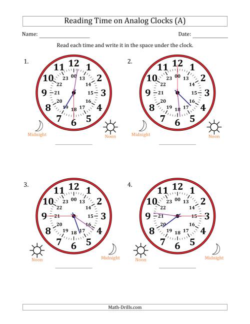 The Reading 24 Hour Time on Analog Clocks in 15 Second Intervals (4 Large Clocks) (All) Math Worksheet