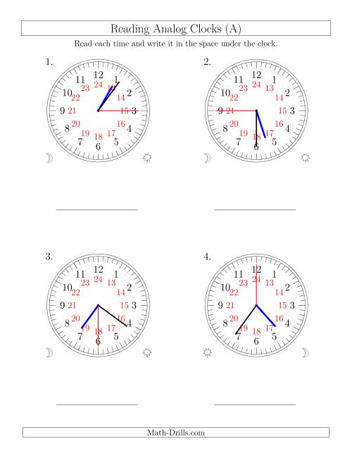The Reading Time on 24 Hour Analog Clocks in 15 Second Intervals (Large Clocks) (Old) Math Worksheet