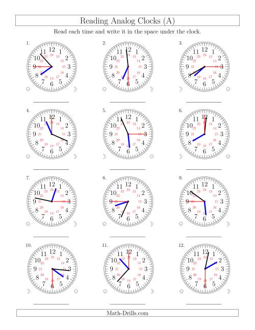 The Reading Time on 24 Hour Analog Clocks in 15 Second Intervals (Old) Math Worksheet
