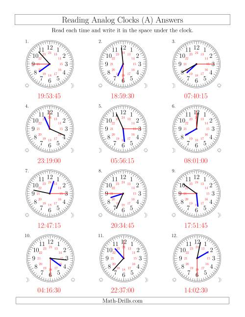 The Reading Time on 24 Hour Analog Clocks in 15 Second Intervals (Old) Math Worksheet Page 2