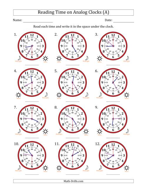 The Reading 24 Hour Time on Analog Clocks in 30 Second Intervals (12 Clocks) (A) Math Worksheet