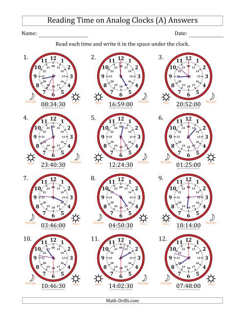 The Reading 24 Hour Time on Analog Clocks in 30 Second Intervals (12 Clocks) (A) Math Worksheet Page 2