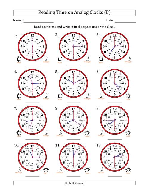 The Reading 24 Hour Time on Analog Clocks in 30 Second Intervals (12 Clocks) (B) Math Worksheet