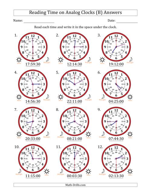 The Reading 24 Hour Time on Analog Clocks in 30 Second Intervals (12 Clocks) (B) Math Worksheet Page 2