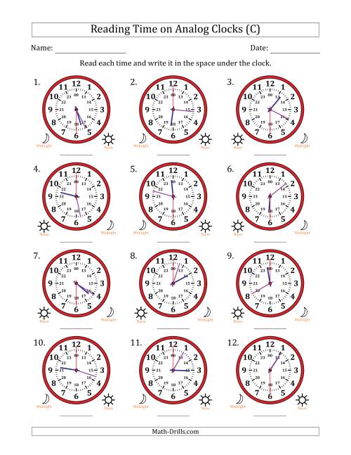 The Reading 24 Hour Time on Analog Clocks in 30 Second Intervals (12 Clocks) (C) Math Worksheet