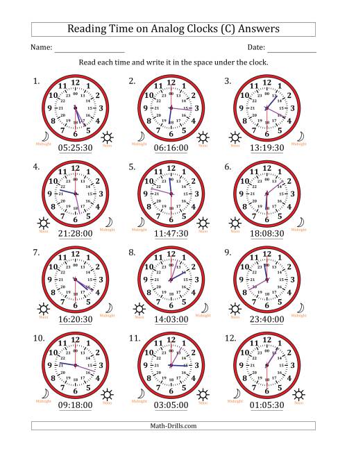 The Reading 24 Hour Time on Analog Clocks in 30 Second Intervals (12 Clocks) (C) Math Worksheet Page 2