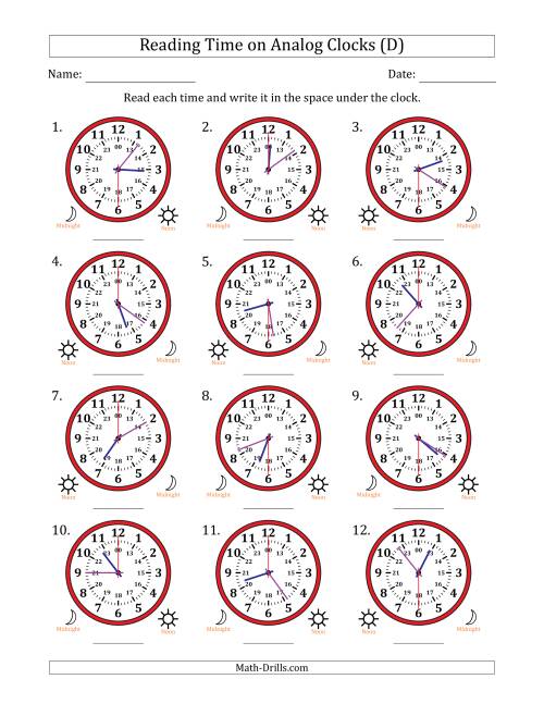 The Reading 24 Hour Time on Analog Clocks in 30 Second Intervals (12 Clocks) (D) Math Worksheet