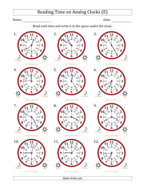 The Reading 24 Hour Time on Analog Clocks in 30 Second Intervals (12 Clocks) (E) Math Worksheet