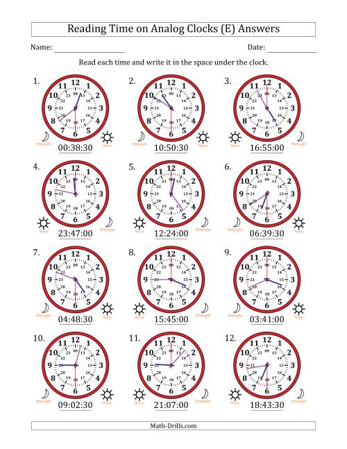 The Reading 24 Hour Time on Analog Clocks in 30 Second Intervals (12 Clocks) (E) Math Worksheet Page 2