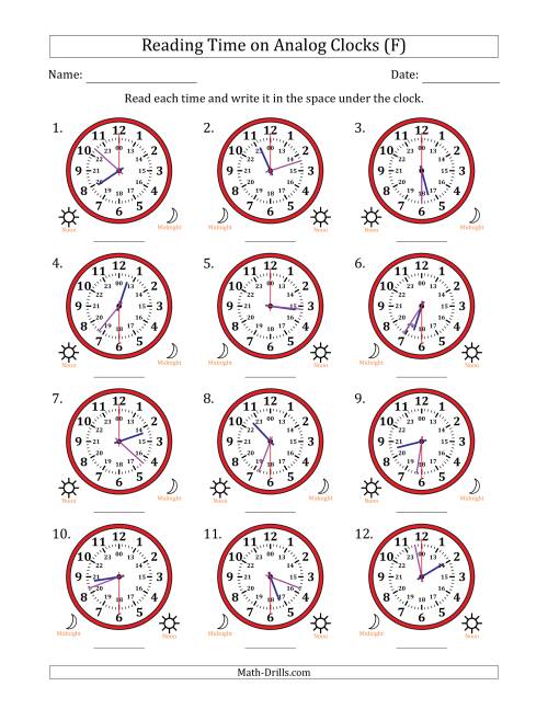 The Reading 24 Hour Time on Analog Clocks in 30 Second Intervals (12 Clocks) (F) Math Worksheet