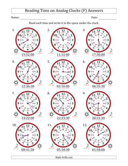 The Reading 24 Hour Time on Analog Clocks in 30 Second Intervals (12 Clocks) (F) Math Worksheet Page 2