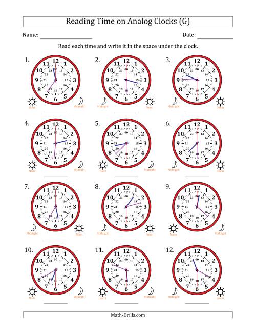 The Reading 24 Hour Time on Analog Clocks in 30 Second Intervals (12 Clocks) (G) Math Worksheet