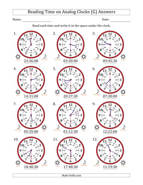 The Reading 24 Hour Time on Analog Clocks in 30 Second Intervals (12 Clocks) (G) Math Worksheet Page 2