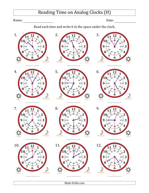 The Reading 24 Hour Time on Analog Clocks in 30 Second Intervals (12 Clocks) (H) Math Worksheet