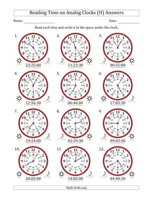 The Reading 24 Hour Time on Analog Clocks in 30 Second Intervals (12 Clocks) (H) Math Worksheet Page 2