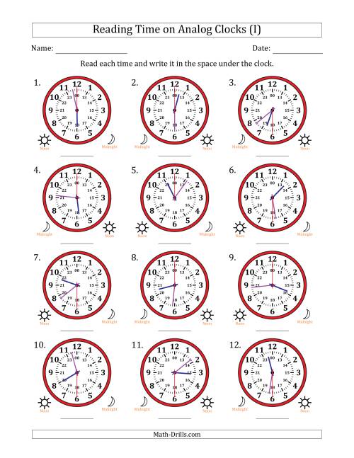The Reading 24 Hour Time on Analog Clocks in 30 Second Intervals (12 Clocks) (I) Math Worksheet