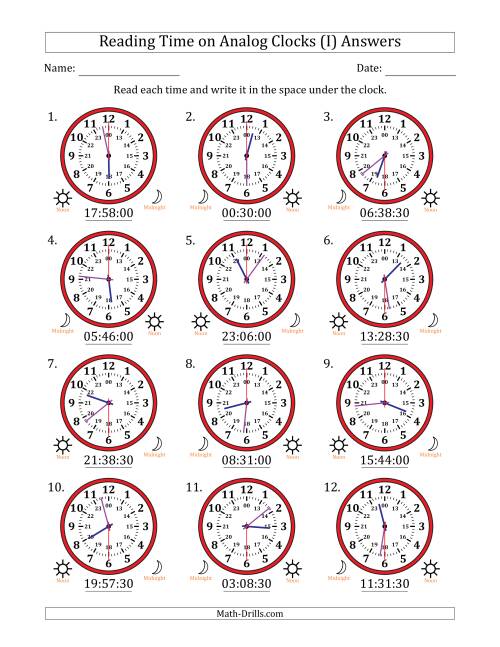 The Reading 24 Hour Time on Analog Clocks in 30 Second Intervals (12 Clocks) (I) Math Worksheet Page 2
