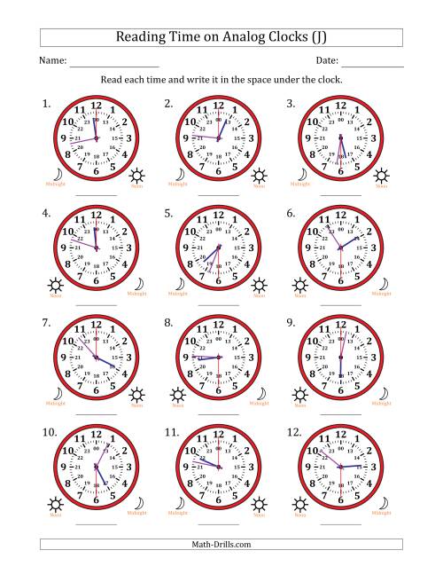 The Reading 24 Hour Time on Analog Clocks in 30 Second Intervals (12 Clocks) (J) Math Worksheet
