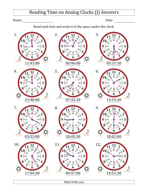 The Reading 24 Hour Time on Analog Clocks in 30 Second Intervals (12 Clocks) (J) Math Worksheet Page 2