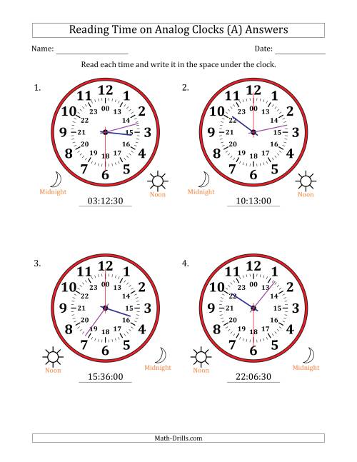 The Reading 24 Hour Time on Analog Clocks in 30 Second Intervals (4 Large Clocks) (A) Math Worksheet Page 2