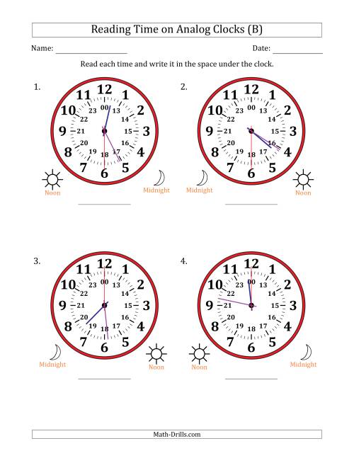 The Reading 24 Hour Time on Analog Clocks in 30 Second Intervals (4 Large Clocks) (B) Math Worksheet