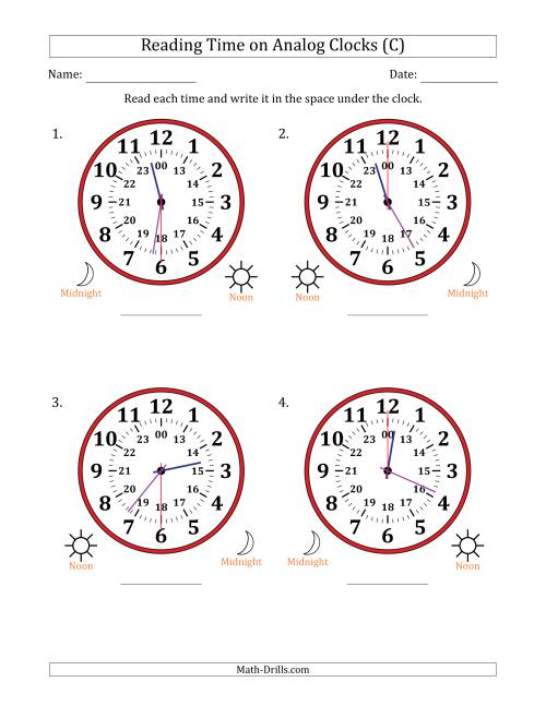 The Reading 24 Hour Time on Analog Clocks in 30 Second Intervals (4 Large Clocks) (C) Math Worksheet