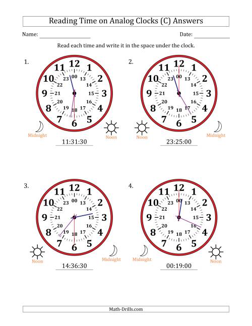 The Reading 24 Hour Time on Analog Clocks in 30 Second Intervals (4 Large Clocks) (C) Math Worksheet Page 2
