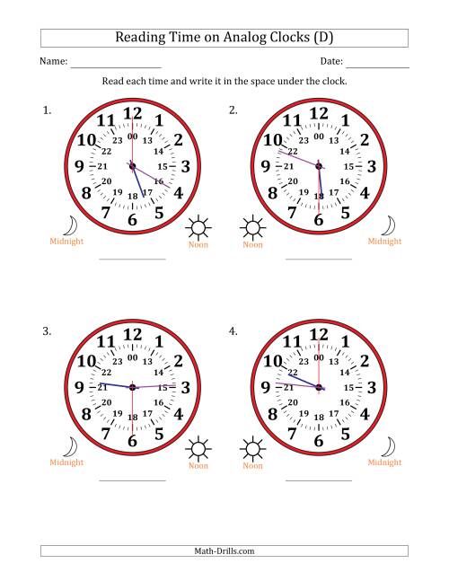 The Reading 24 Hour Time on Analog Clocks in 30 Second Intervals (4 Large Clocks) (D) Math Worksheet