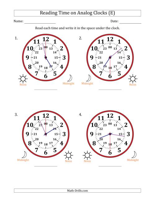 The Reading 24 Hour Time on Analog Clocks in 30 Second Intervals (4 Large Clocks) (E) Math Worksheet