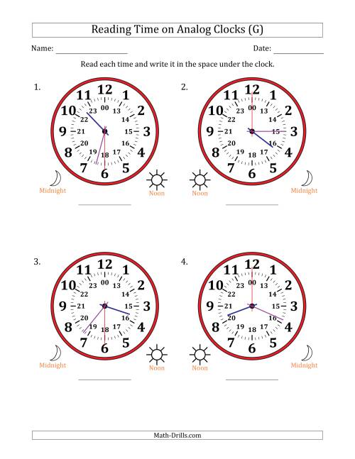 The Reading 24 Hour Time on Analog Clocks in 30 Second Intervals (4 Large Clocks) (G) Math Worksheet