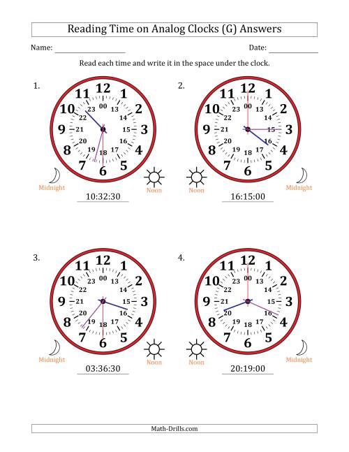 The Reading 24 Hour Time on Analog Clocks in 30 Second Intervals (4 Large Clocks) (G) Math Worksheet Page 2